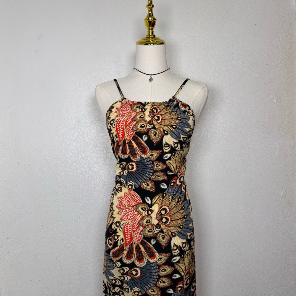 boho peacock‎ feather slip dress black red gold beach old money maximalist y2k